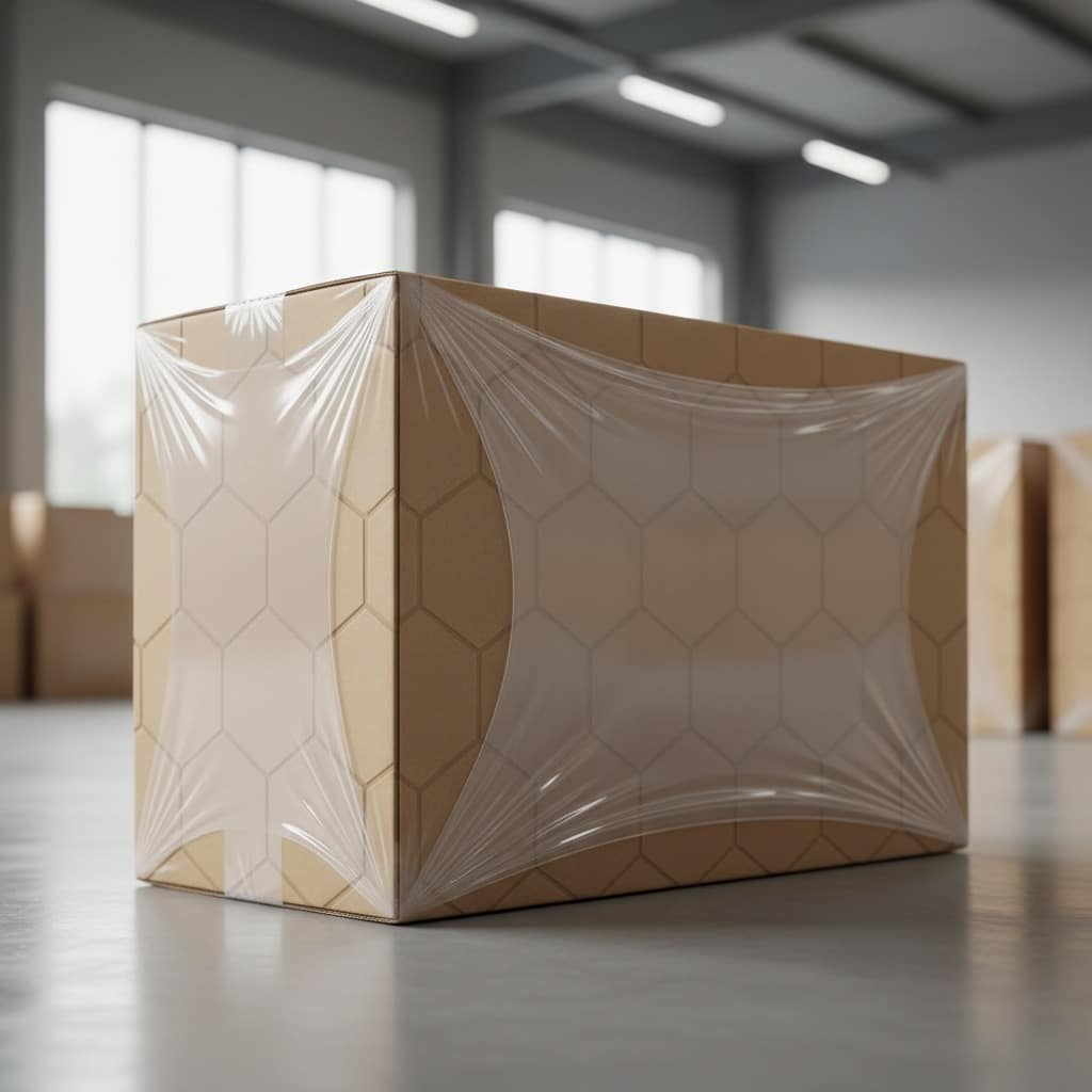 A cardboard box with a honeycomb pattern wrapped in clear plastic sits on the floor of a warehouse.